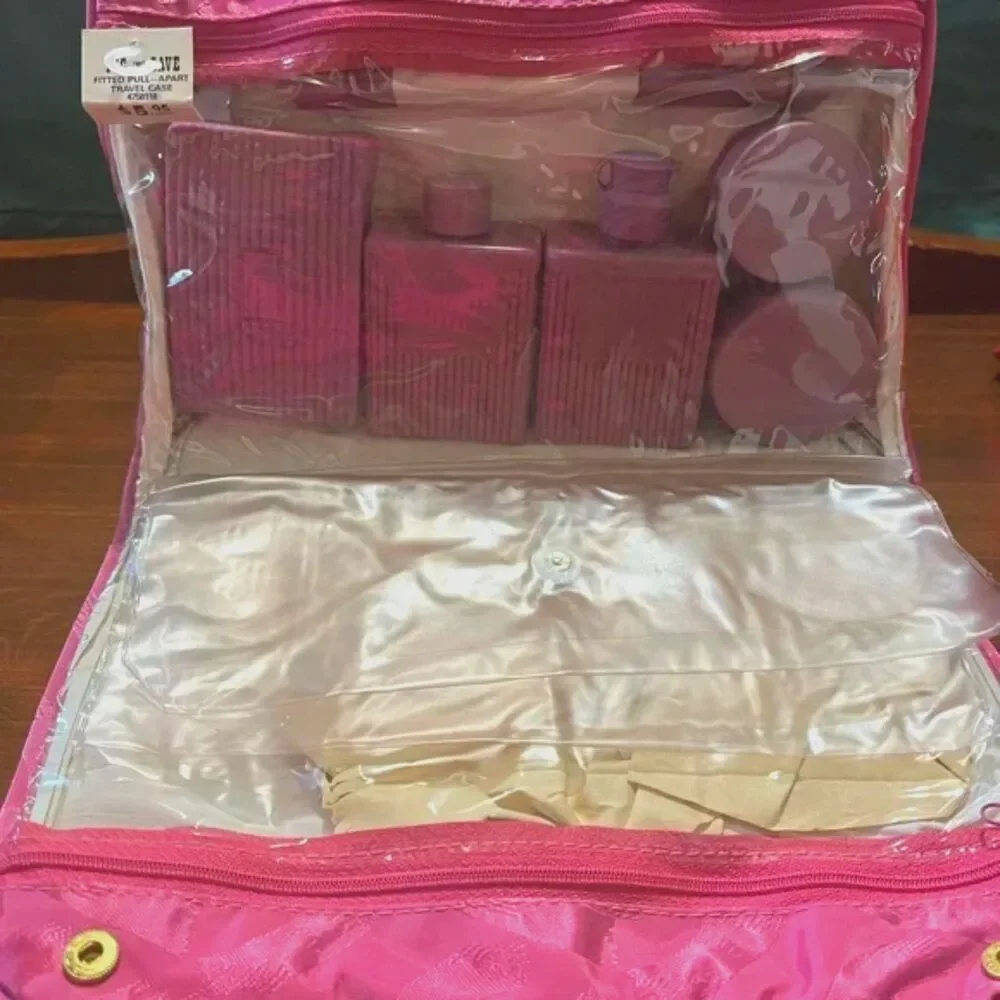 Vintage 60s/70s Satin Travel Toiletry Set NOS Complete Fuchsia Pink Hanging Bag